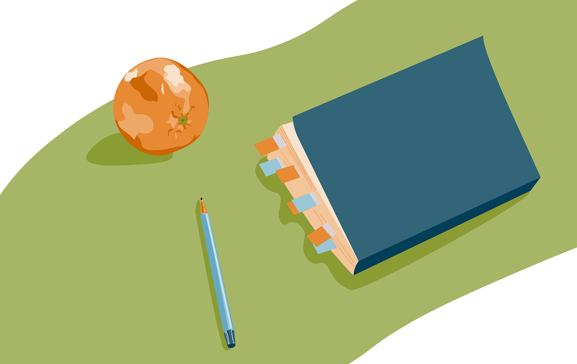 Auf einem Tisch liegen ein Stift, Notizbuch und ein Apfel