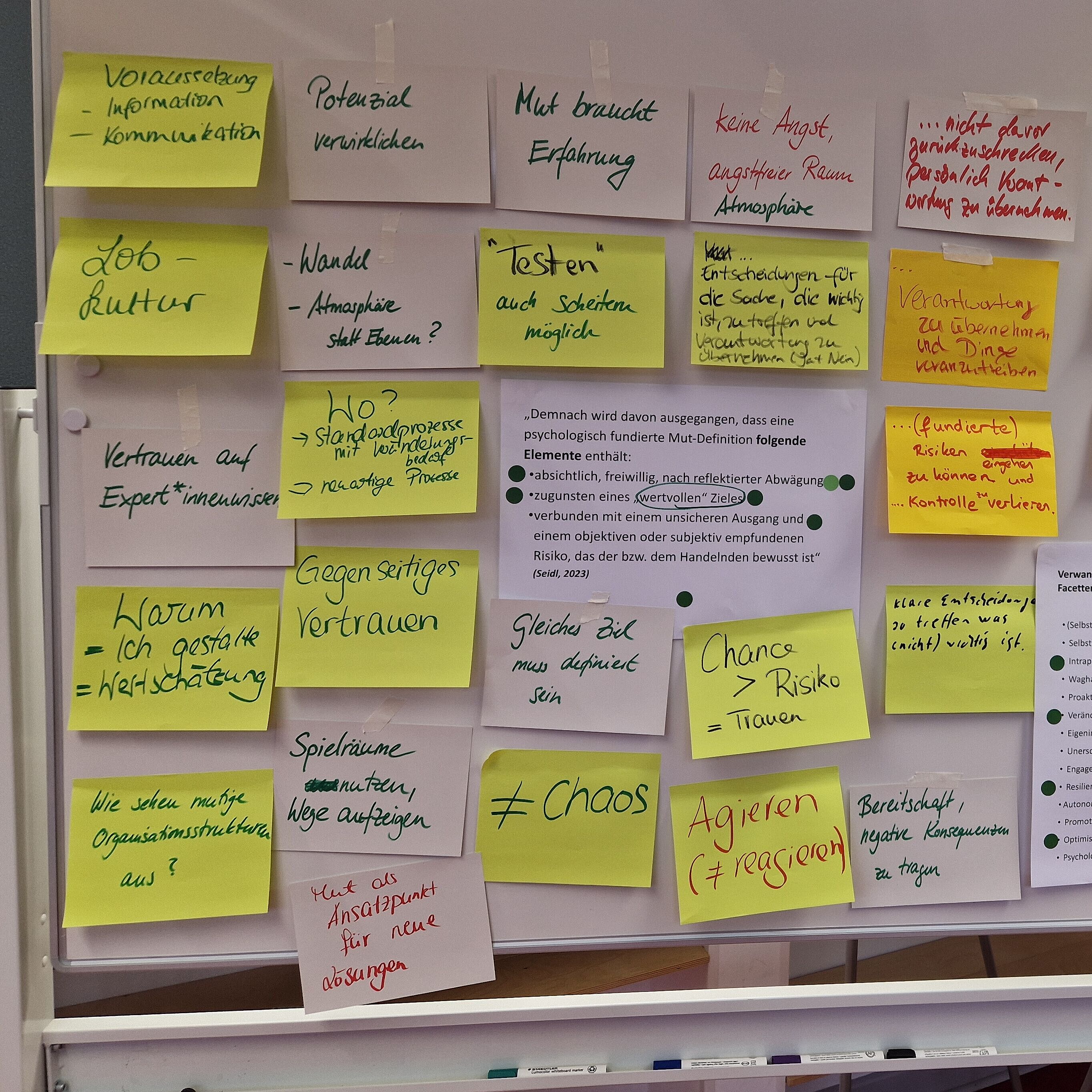 Stellwand mit Post-Its zu Mutmöglichkeiten an der Tu Braunschweig 