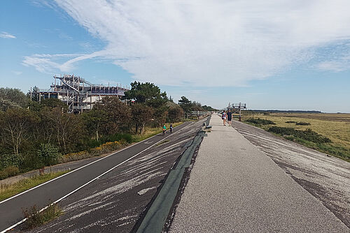 Die Forschenden wollen im „Wissenschaftsraum CoastAdapt“ neue Ansätze entwickeln, die über das bloße Erhöhen der Deiche hinausgehen. Das Foto zeigt einen Deich in St. Peter-Ording.