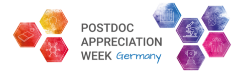Schriftzug "Postdoc Appreciation Week Germany", dazu wissenschaftsbezogene Grafiken