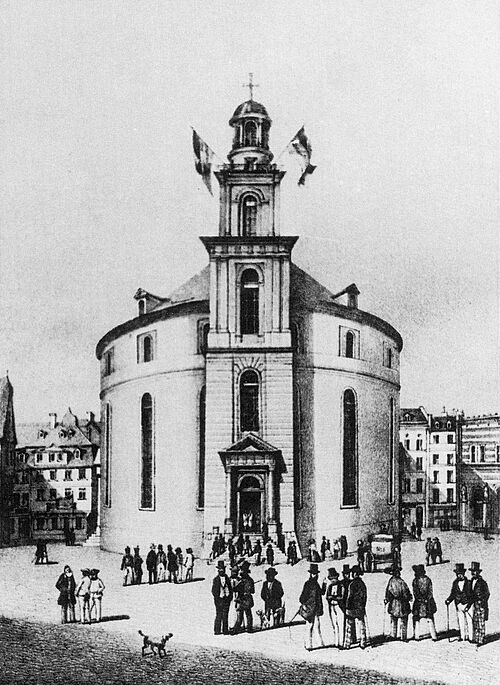 Franz Heister: St. Paulskirche, Sitz der deutschen Nationalversammlung, Lithographie von 1848