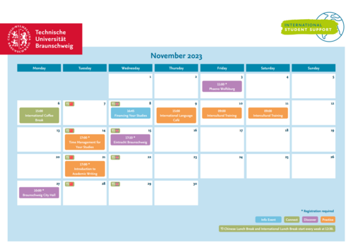 Ein englisches Kalenderblatt mit den Veranstaltungen des Student Supports im November
