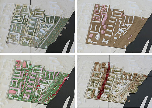 Bei den vier Projekten, die im Fokus der Ausstellung stehen, schlugen die Studierenden beispielsweise gezielte Nachverdichtungen und die Qualifizierung der Freiräume im Quartier vor. Die Konzepte für das Elbufer sahen die Umgestaltung zu einem Park vor. 