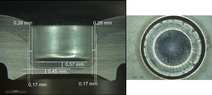 Schliffbild (links oben) und matritzenseitige Ansicht des Clinchpunkts (rechts unten)  