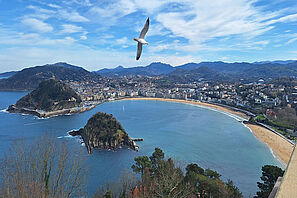 Blick auf eine Bucht mit einem Sandstrand und einer Stadt im Hintergrund. Eine Möwe fliegt durch das Bild. Im Hintergrund sind die umliegenden grünen Hügel und der strahlend blaue Himmel zu sehen.