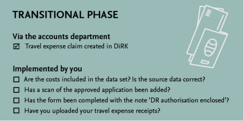 Infographic on the transition phase, setting out what needs to be done by the accounts department and what needs to be done by staff