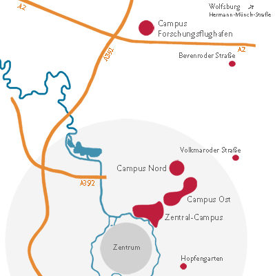 [Translate to English:] Übersichtskarte der Lage der TU Braunschweig in der Region