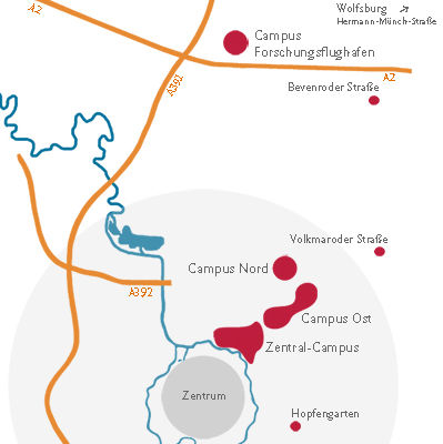 Übersichtskarte der Lage der TU Braunschweig in der Region