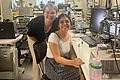 Students Hanne Thiemann and Nicol Jaramillo in the laboratory of the Hydrogen and Fuel Cell Nanomaterials Centre at Yamanashi University.