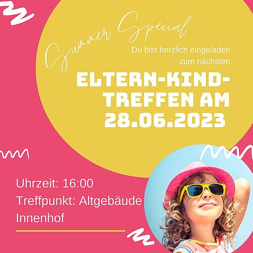 Ankündigung für unser Eltern-Kind-Treffen. Es ist ein Kind mit Sonnenbrille zu sehen.