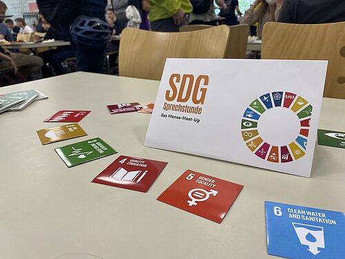 Auf einem Tisch liegen die SDG-Karten ausgebreitet. Ein Schild mit der Aufschrift SDG-Sprechstunde steht in der Mitte.