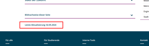 Screenshot der Funktion "Letzte Aktualisierung" auf einer Webseite der TU Braunschweig