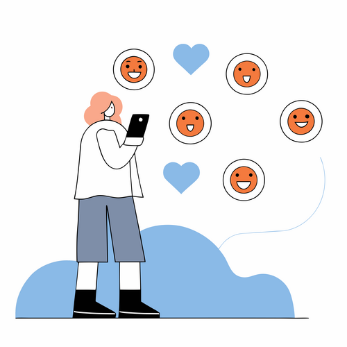 Grafik einer Person, die auf Smartphone schaut Handy und darum herum Emojis