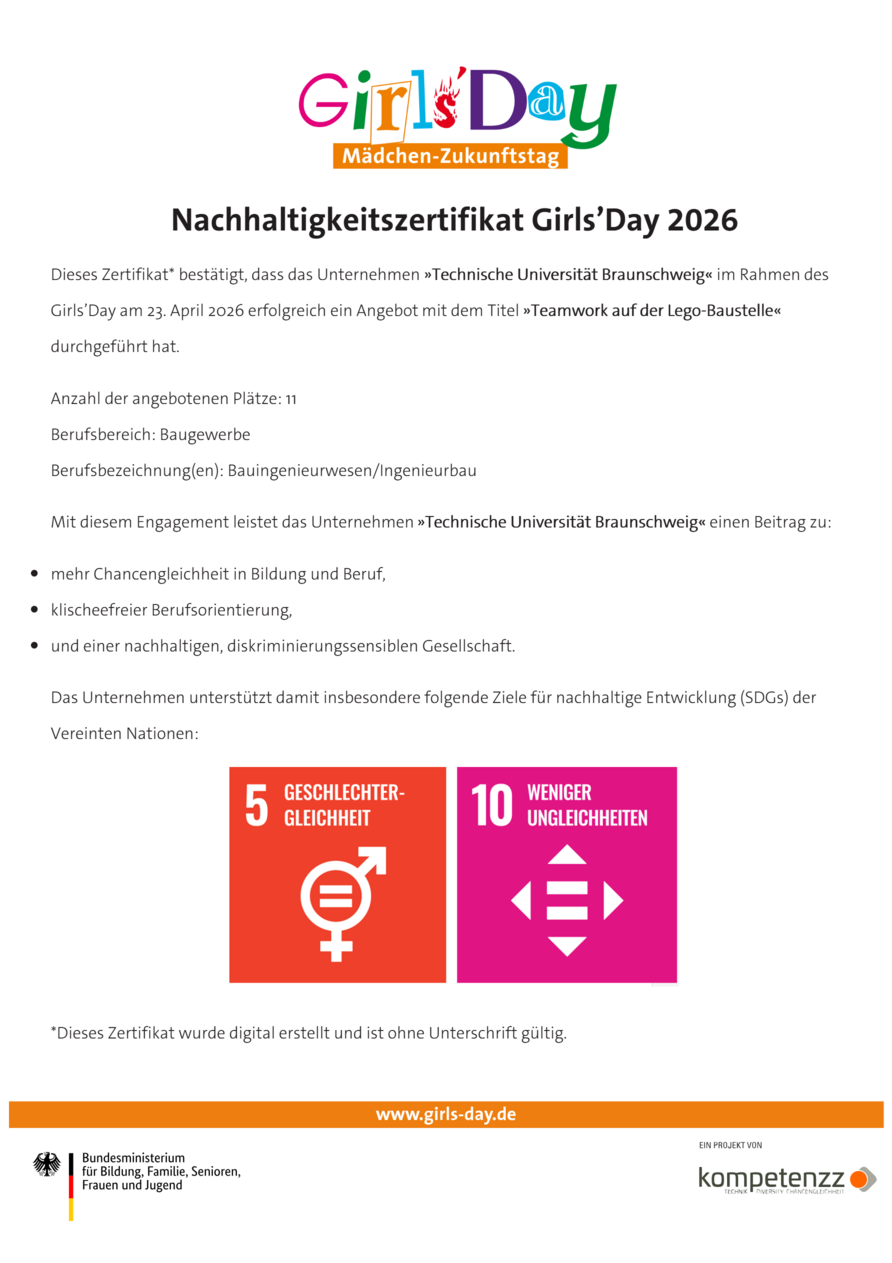 Zertifikat des Kompetenzzentrums Technik-Diversity-Chancengleichheit e. V. über die Teilnahme der TU Braunschweig und des IBBs am Zukunftstag/Girls day 2026