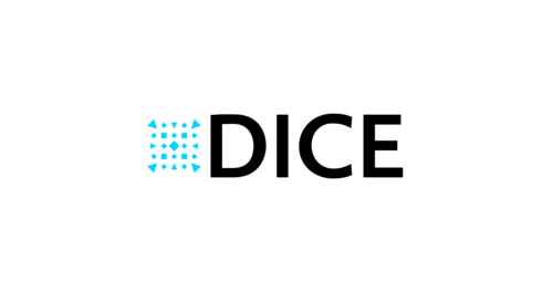 Logo mit dem Schriftzug DICE, links davon ist ein aus Dreiecken und Rechtecken zusammengesetztes Qudrat in Türkis zu sehen.