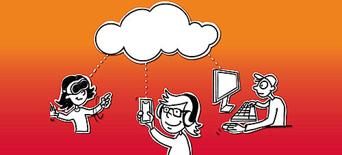 Dekorativer Zweck - Kinder kommunizieren über eine cloud