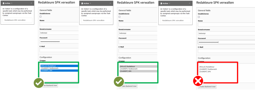Screenshot of the correct and incorrect creation of editors in the TYPO3 Backend