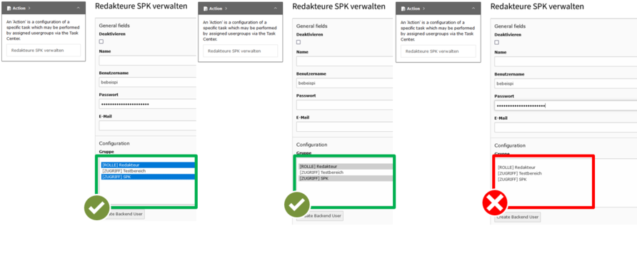 Screenshot der korrekten und falschen Anlage von Redakteuren im TYPO3 Backend