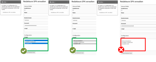 Screenshot of the correct and incorrect creation of editors in the TYPO3 Backend