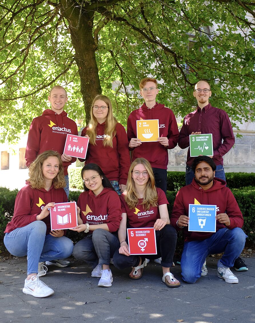 Das Team des Projektes FairFolgen hält SDG 1 bis 6 in ihren Händen. 