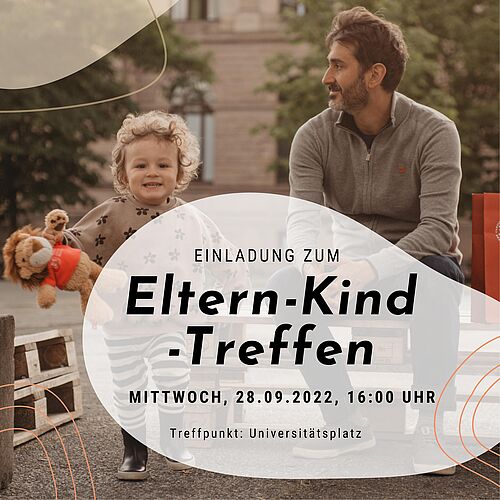 Ankündigung Eltern-Kind-Treffen - ein Kind läuft der Kamera entgegen, der Elternteil sitzt 