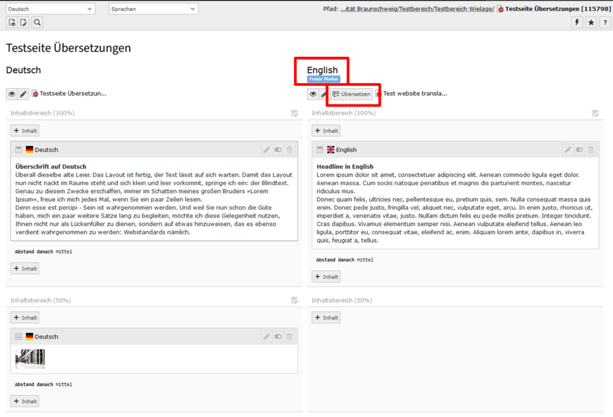 Screenshot of a normal page in the TYPO3 backend without errors in translation mode