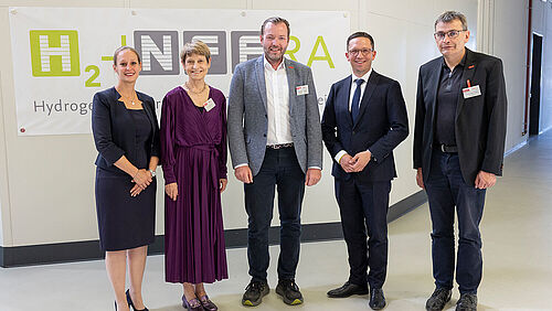 Förderbescheidübergabe für das Projekt „H2-iNFFra“ am 21.08.2025 am NFF: Prof. Sabrina Zellmer (stellv. Leitung am Fraunhofer IST und Universitätsprofessorin für Batterie- und Brennstoffzellen-Prozesstechnik an der TU Braunschweig), Angela Ittel (Präsidentin der TU Braunschweig), Prof. Michael Heere (Projektleiter, TU Braunschweig), Falko Mohrs (Niedersächsischer Wissenschaftsminister) und Prof. Thomas Vietor (Sprecher des NFF, TU Braunschweig). 