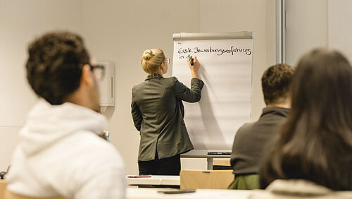 Studierende sitzen in einem Workshop zum Thema Bewerben. Eine Person schreibt an ein Flipchart.