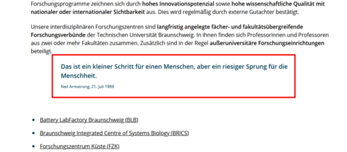 Screenshot des Inhaltselements Zitat auf der Webseite der TU Braunschweig