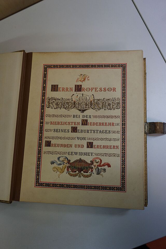 Title page with the dedication: ‘Dedicated to Professor Friedrich Knapp by friends and admirers on the seventieth anniversary of his birth’, 22 February 1884.