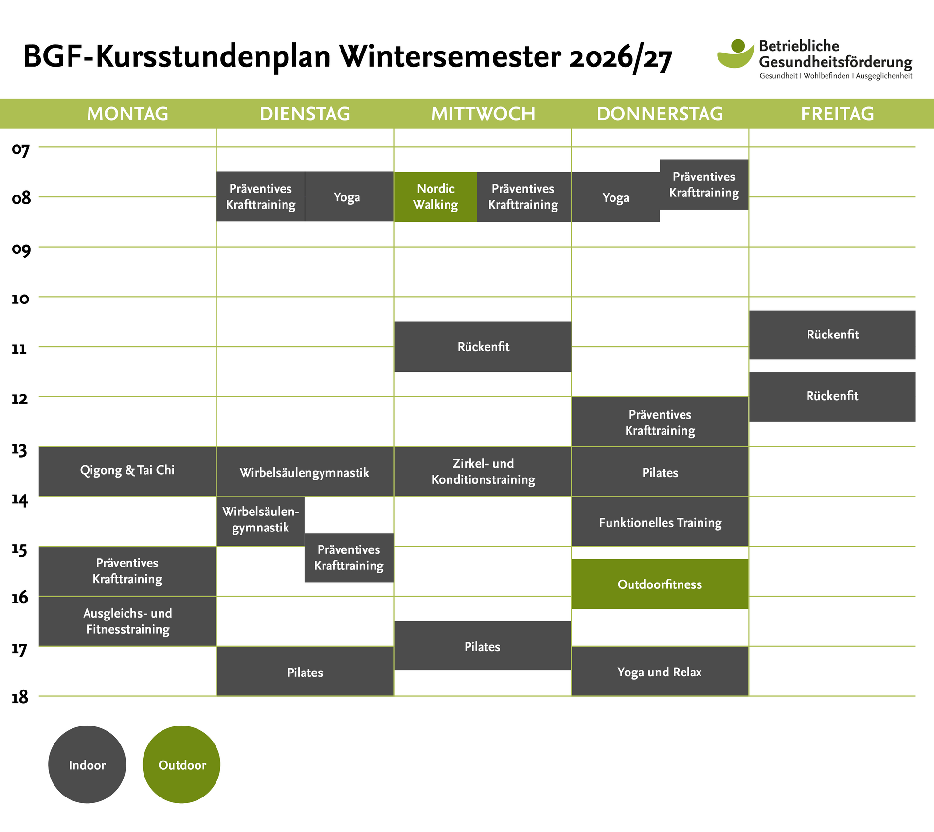 Kursstundenplan BGF Wintersemester 2026/2027