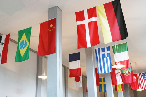 Flaggen verschiedener Nationen hängen im Altgebäude der TU Braunschweig von der Decke.