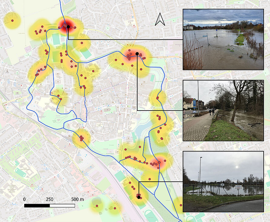 Heatmap zu Einsendungen im Raum Wolfenbüttel. Je wärmer ein Gebiet dargestellt ist, desto mehr Fotos und Videos wurden für dieses Gebiet eingereicht.