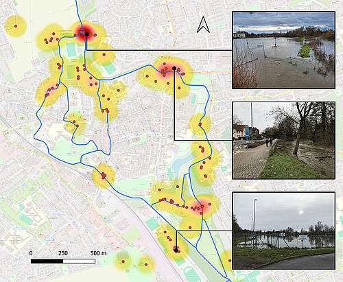 Heatmap zu Einsendungen im Raum Wolfenbüttel. Je wärmer ein Gebiet dargestellt ist, desto mehr Fotos und Videos wurden für dieses Gebiet eingereicht.