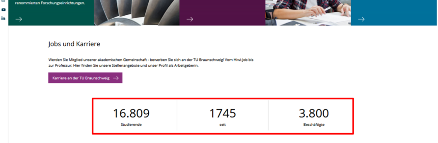 Screenshot of the Key Facts element on the TU Braunschweig homepage