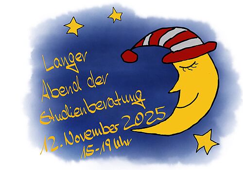 Zu sehen ist ein gemalter, schlafender Halbmond mit Schlafmütze auf der rechten Seite des Bildes. Links steht Langer Abend der Studienberatung 20.11.2024