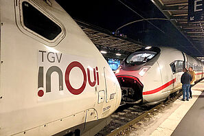 Zwei Züge der Bahnunternehmen DB und SNCF stehen in einem Bahnhof. 