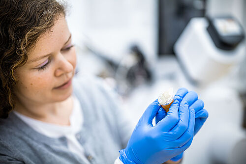 Dr. Jana Hartmann (TU Braunschweig, beteiligt am QVLS-iLabs Projekt „Quantum Photonic Integrated Components“ QPIC) bereitet Substrate mit MikroLEDs für die Analyse im Rasterelektronenmikroskop vor.