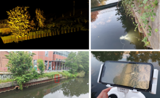 Vier Bilder, auf denen ein Spundwand Quartier im Fluss gezeigt wird.