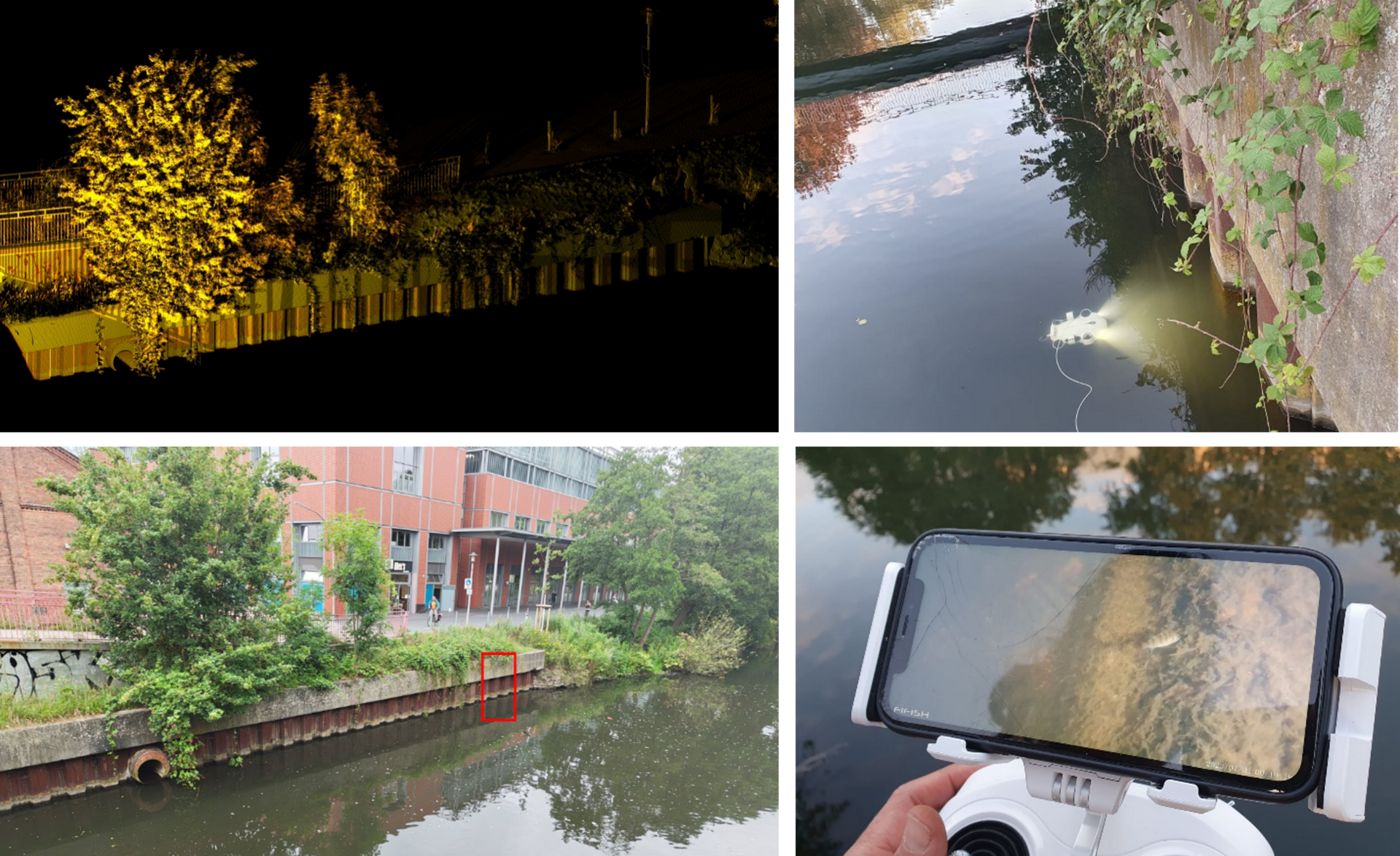 Vier Bilder, auf denen ein Spundwand Quartier im Fluss gezeigt wird.