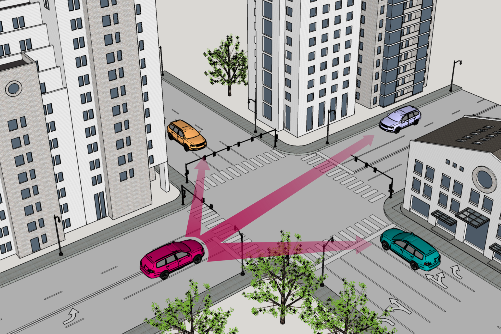 Kommunikationswege zwischen 3 Autos an einer Kreuzung