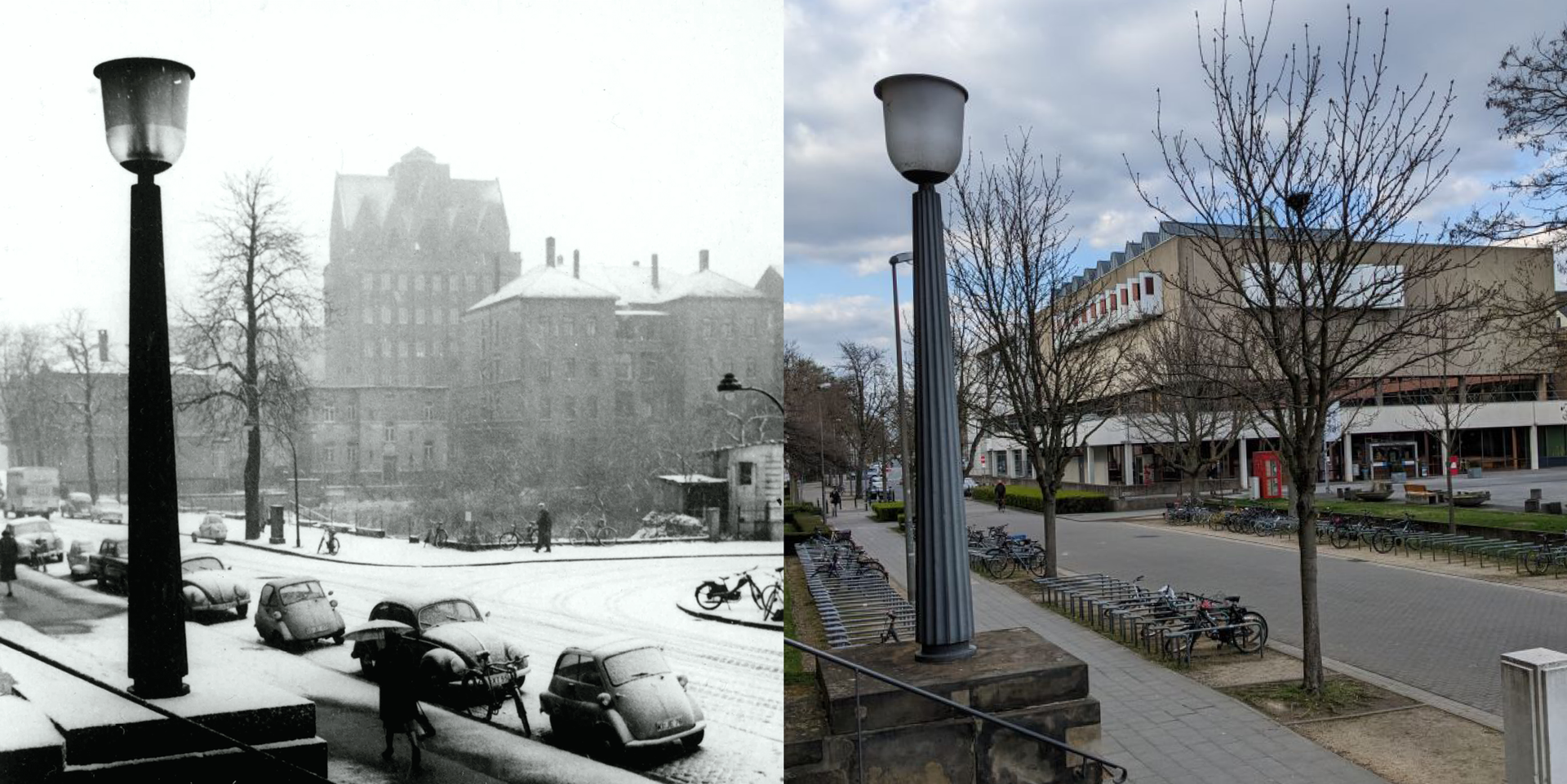 Blick aus dem Hauptgebäude der TU Braunschweig auf die Pädagogische Hochschule, die damals, Ende der 1950er Jahre, noch Kant-Hochschule hieß. Links ist schon Platz für das Bibliotheksgebäude gemacht worden.