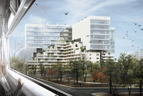 Der preisgekrönte Entwurf Stadtkrone Hafenplatz der Architekturstudierenden Zhang und Feng