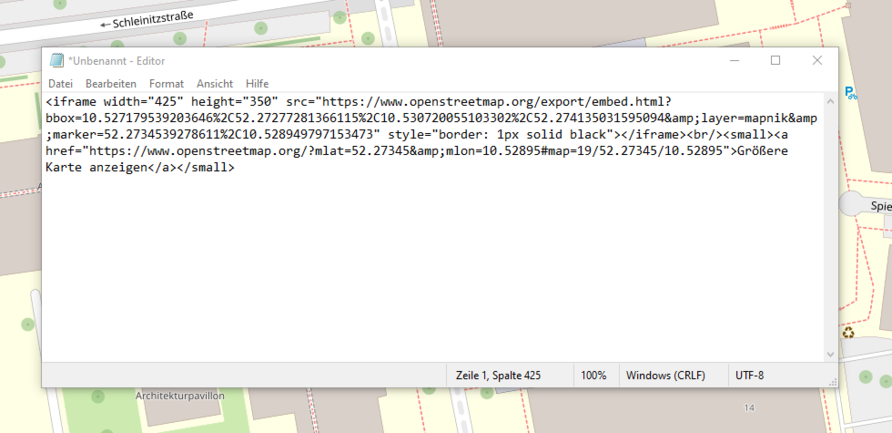 Screenshot of the OpenStreetMap map service explaining the linking function.