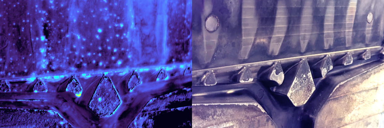 Vergleich zwischen dem Fluoreszenzbild der Gießform zur Ermittlung der Trennstoffverteilung und den Veränderungen der Formoberfläche im sichtbaren Spektrum 
