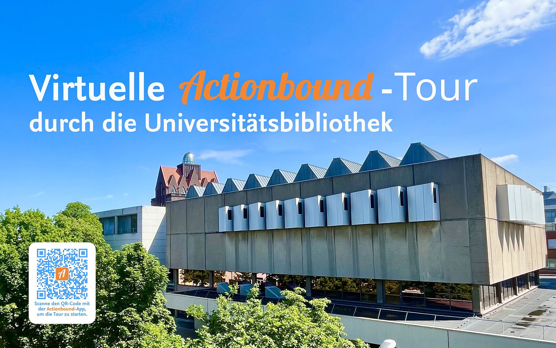 Virtuelle Actionbound-Tour durch die Universitätsbibliothek mit ihren Services und QR-Code zum scannen. 