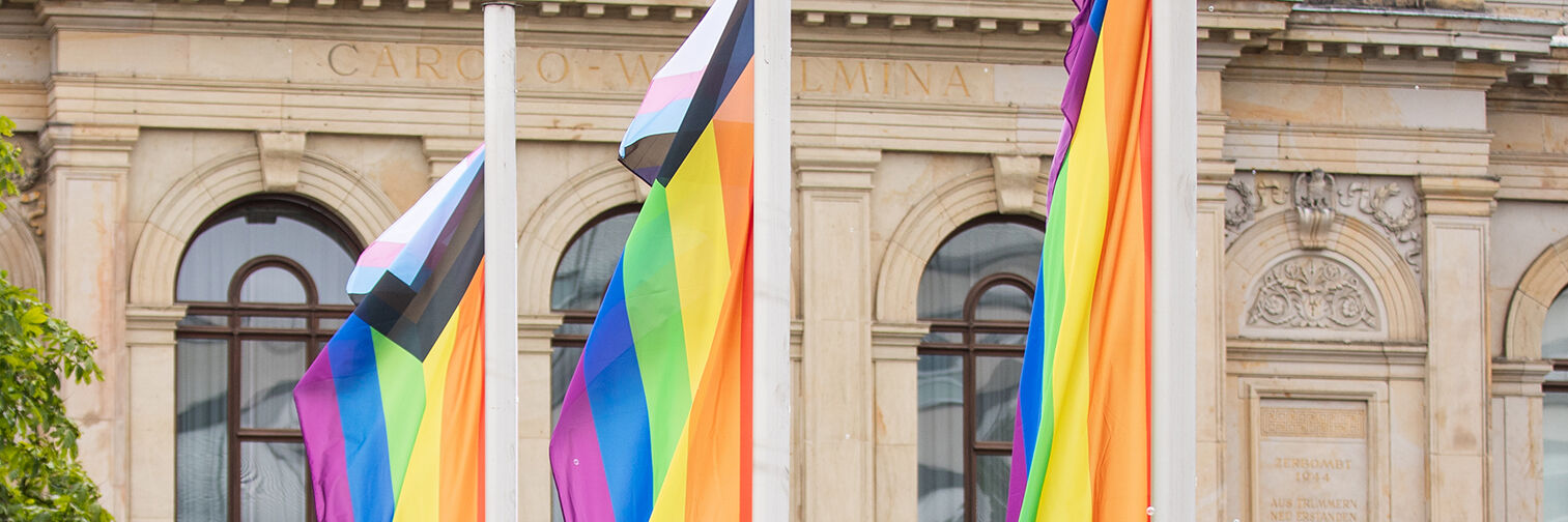 LGBTIQ-Fahnen vor dem Altgebäude 
