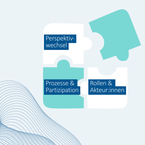 Puzzleteile mit den Begriffen Perspektivwechsel, Prozesse & Partizipation, Rollen & Akteur:innen die ineinander greifen