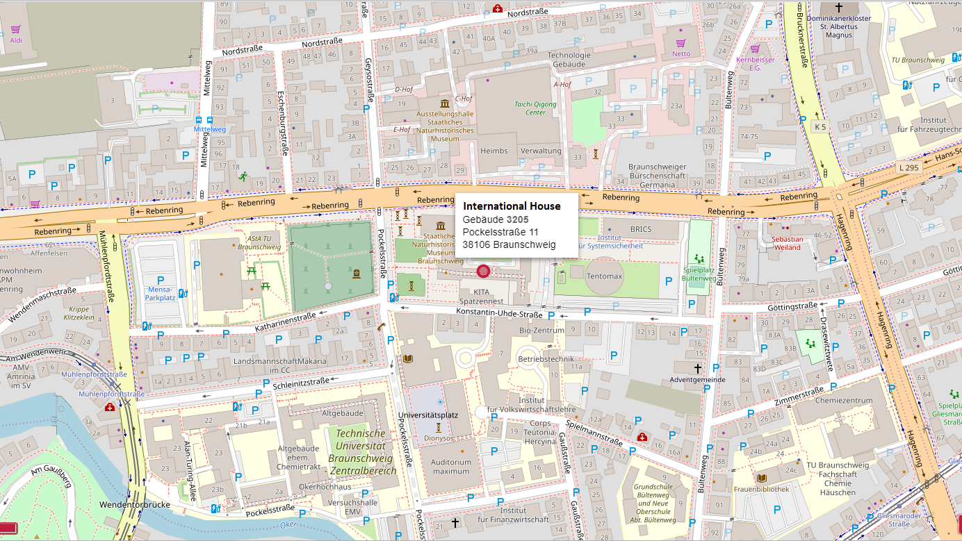 A part of the map of the Braunschweig city with the location of the "International Office"