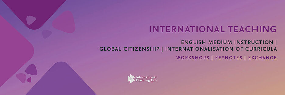 Symbolbild mit Keywords auf lila Grund: International Teaching, English Medium Instruction, Global Citizenship, Internationalisation of Curricula